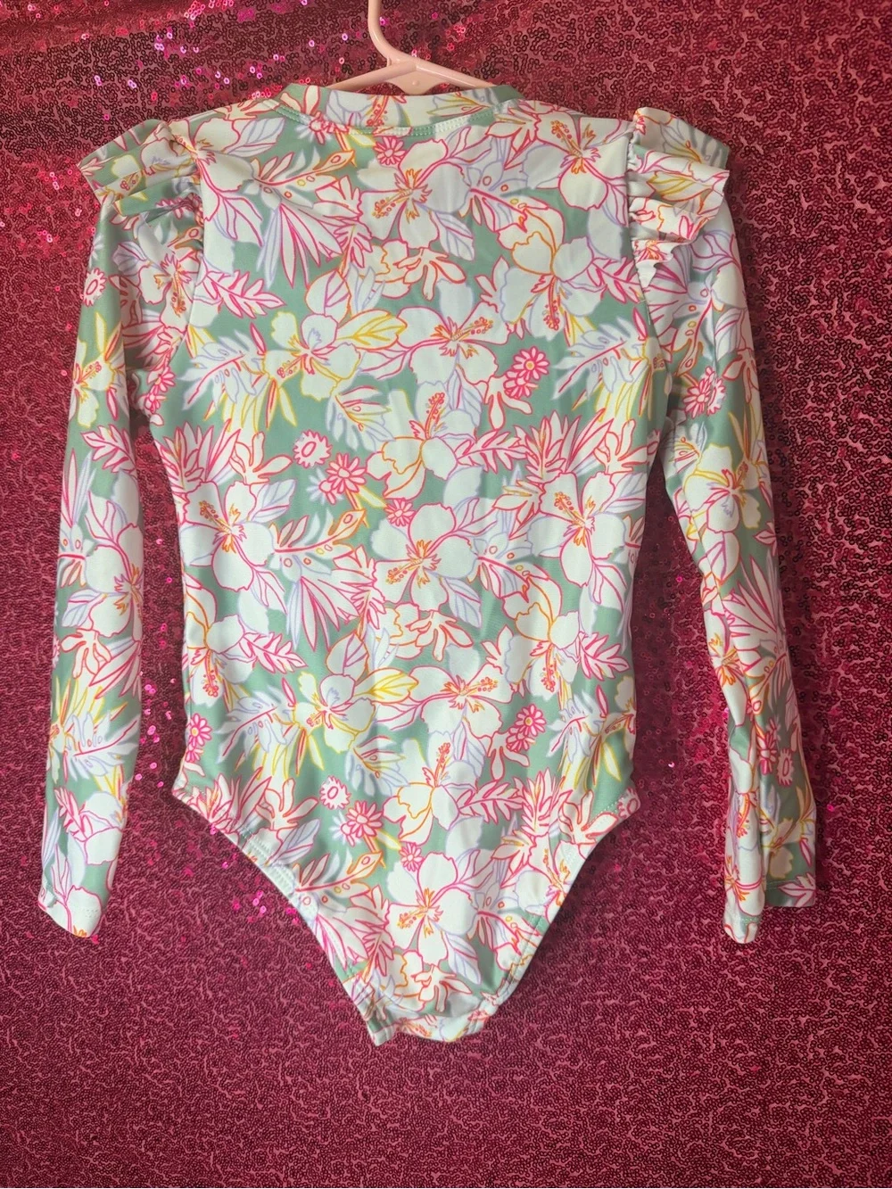 wonder nation Girls' Floral Long-Sleeve Rashguard Swimsuit - Mint, Pink & Yellow